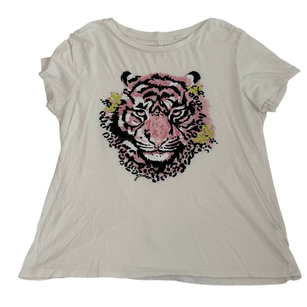 GUESS White Tiger Graphic T-Shirt Pink Leopard Print Floral Crew Neck Women's  M